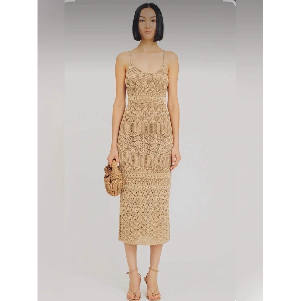 Torn by Ronny Kobo Gold Metallic Pointelle Knit Midi Dress Size M Scoop Neck